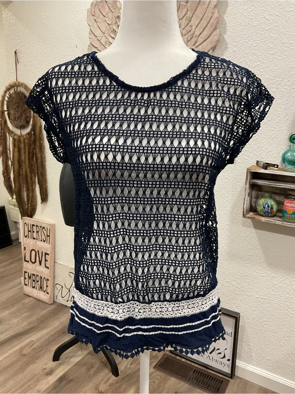 Women’s Navy Crochet Short-Sleeve Camisole Cover-Up with White Trim